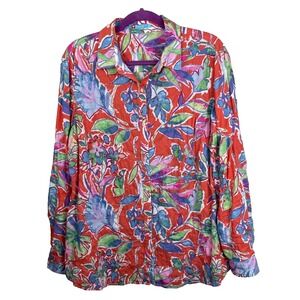 J. McLaughlin Shirt Womens XL Red Floral Button Up Top Cotton Stretch Colorful